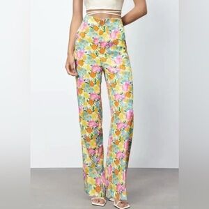 ZARA Floral Print Wide Leg High Waisted Flowy Pants Yellow Blue Green Size XL